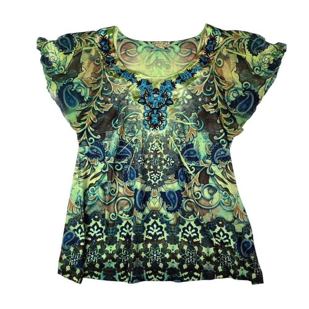 Energe World Wear Paisley Medallion Top Women L Green Blue Beaded‎ Boho Blouse